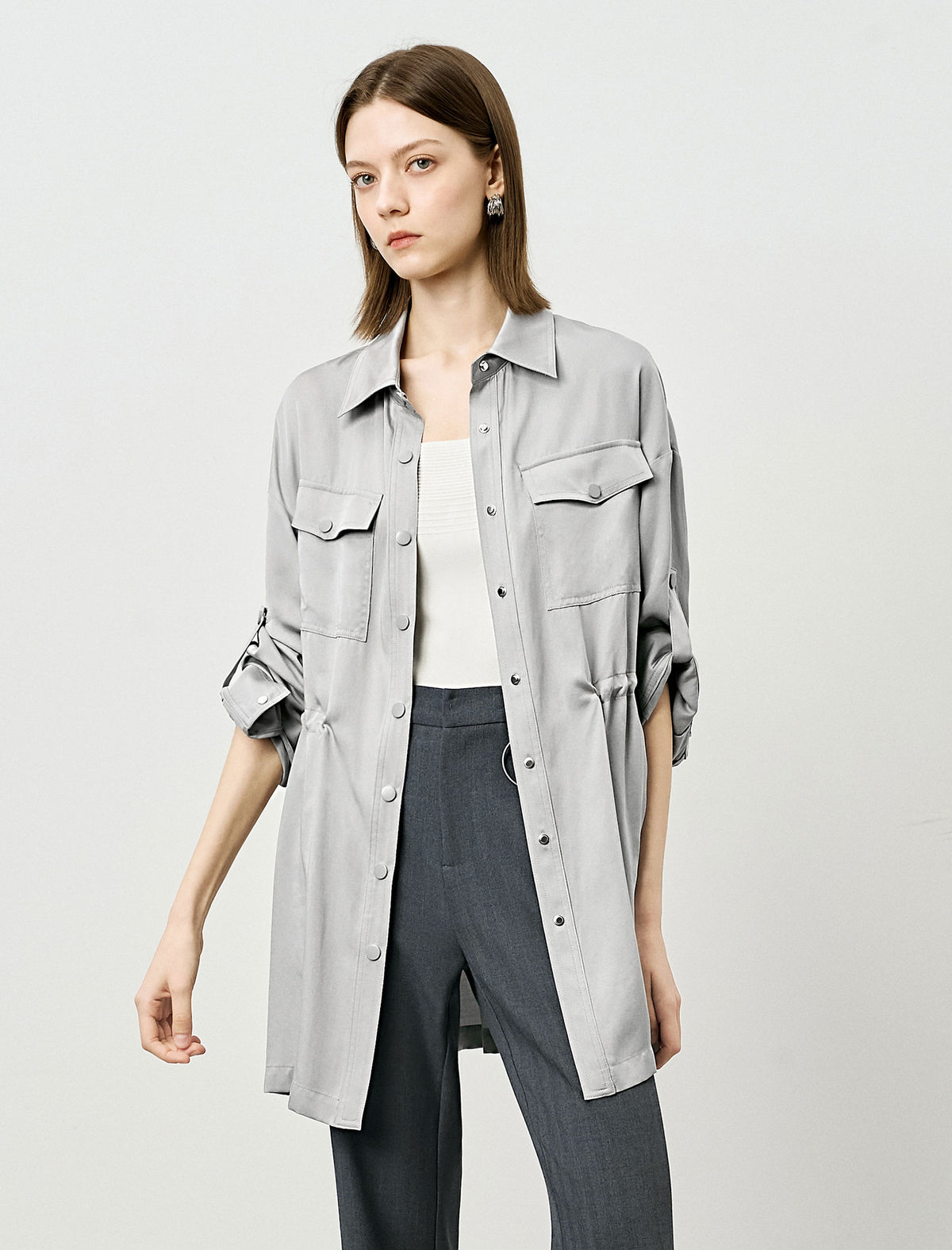 Gray Tencel Waist-Defining Mid-Length Shirt Cardigan