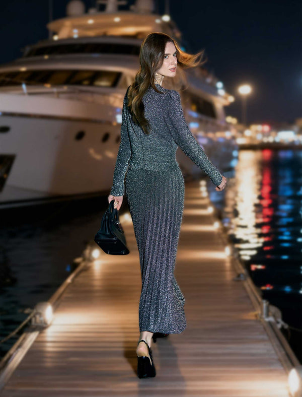 Twist-Front Metallic Long Sleeve Midi Dress
