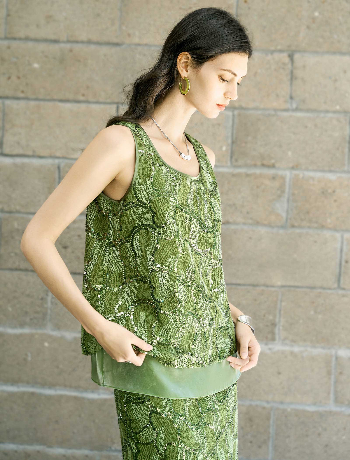 Olive Green Sequin Sleeveless Top