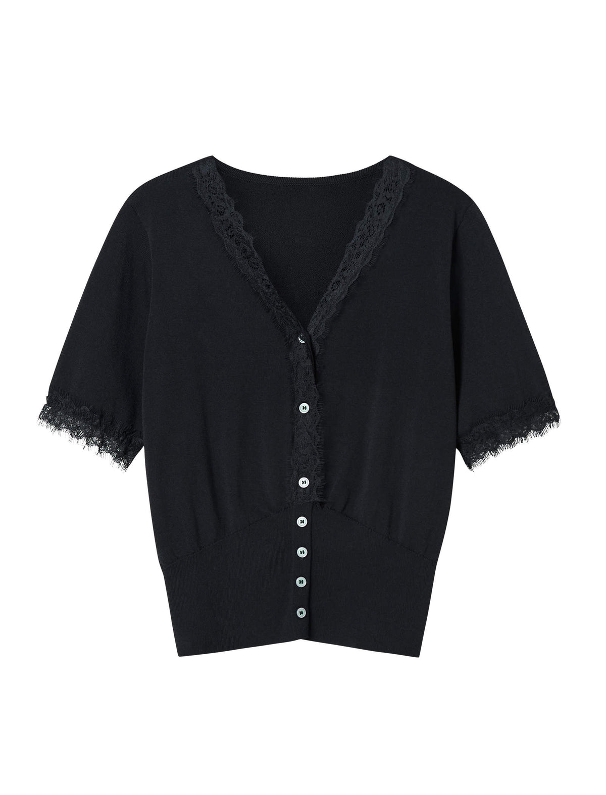 Black Lace-Trimmed Short Sleeve Cardigan