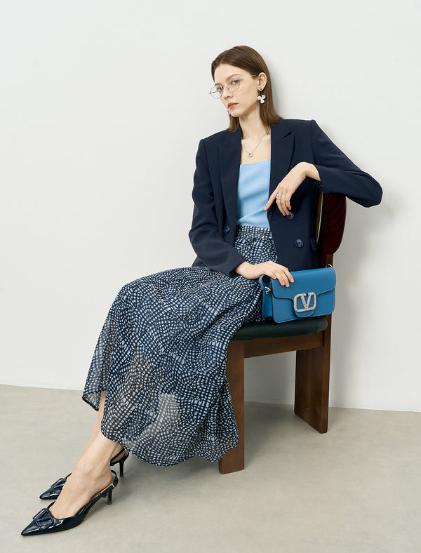 Blue Checkered Chiffon Midi Skirt