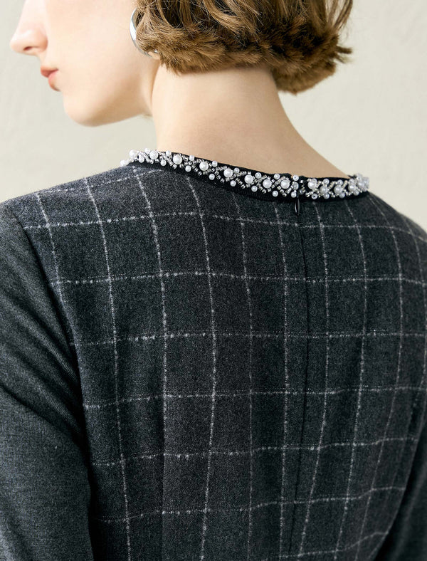 Plaid Wool-Blend Beaded Neckline Midi Dress