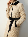 Velvet-Trim Collared Button-Front Belted Quilted Coat