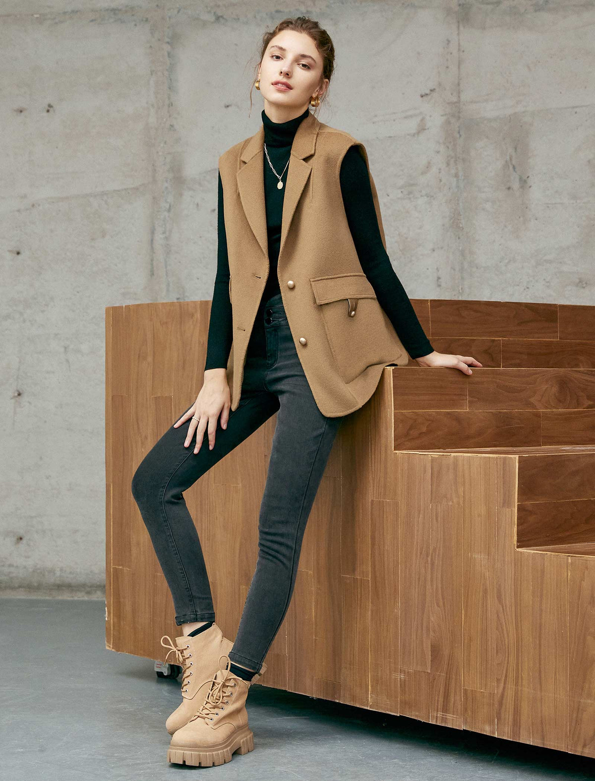 Camel Wool-Blend Lapel Vest