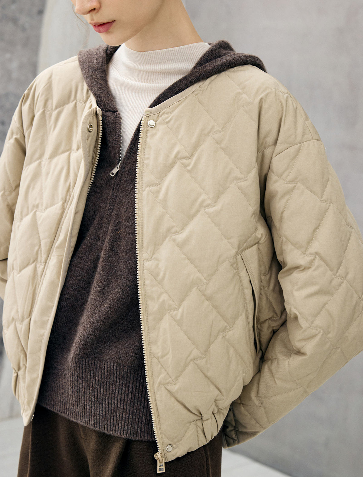 Diamond-Quilted Baseball-Collar Drawstring Cropped Puffer Jacket