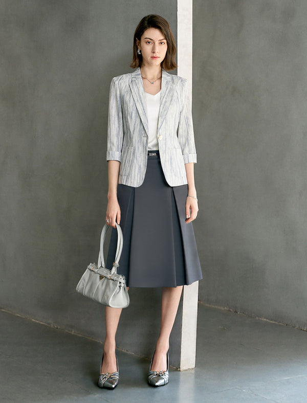 Linen Blend Three-Quarter Sleeve Striped Lapel Blazer