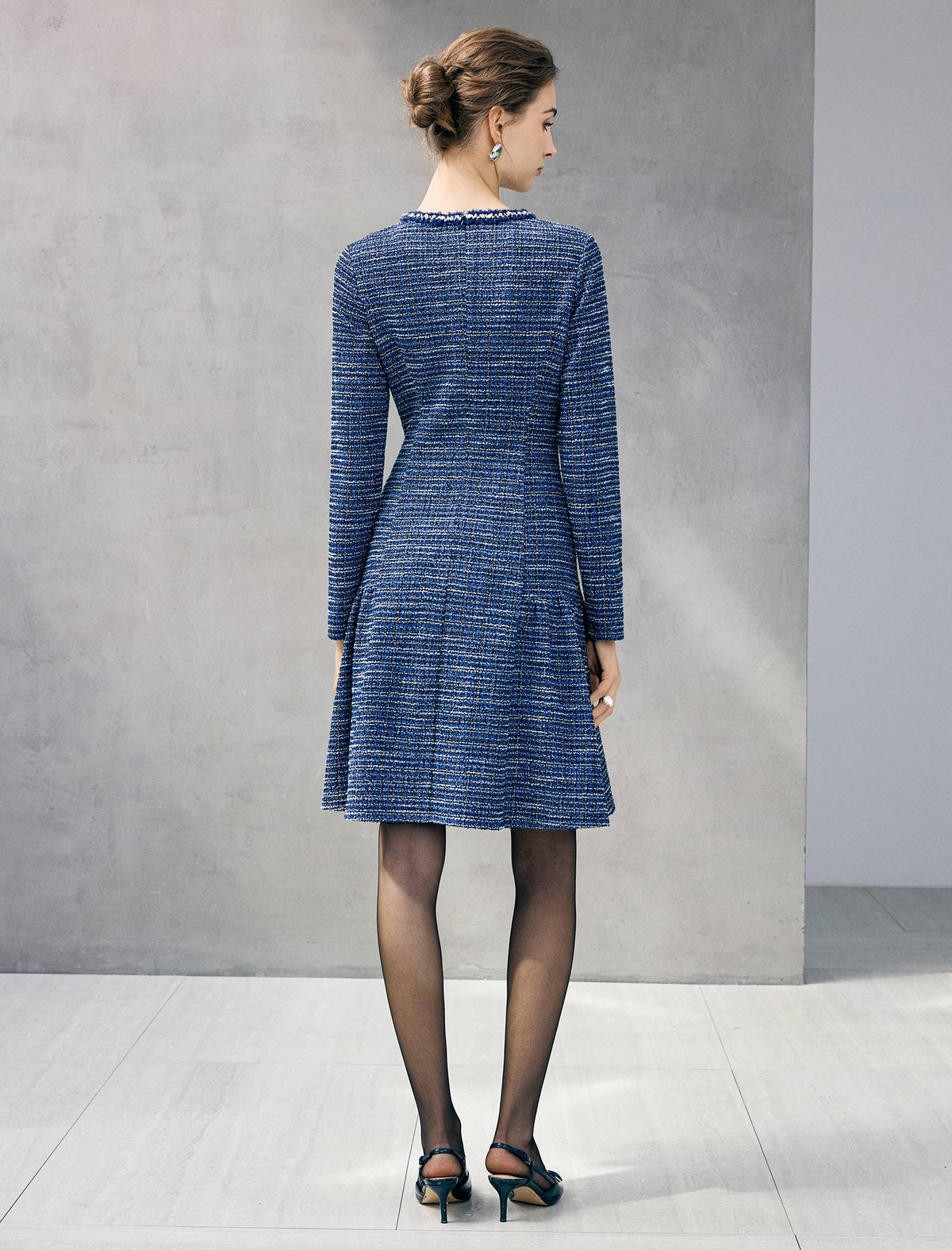 Braided-Trim Crewneck Long Sleeve A-Line Pocket Dress