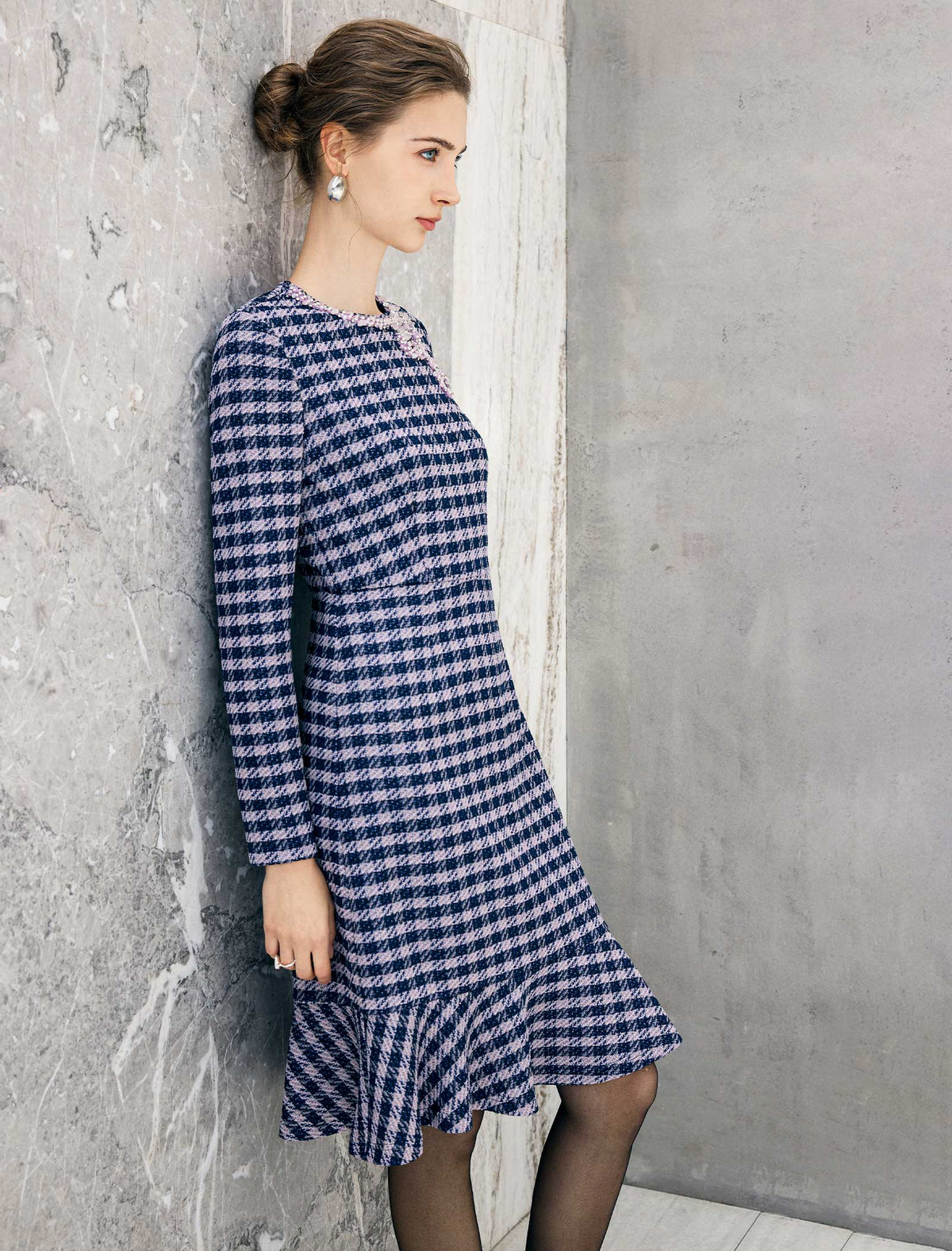 Geometric Plaid Beaded Bow Mermaid Midi Dress