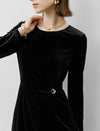 Black Velvet Irregular Hem Long Sleeve Midi Dress