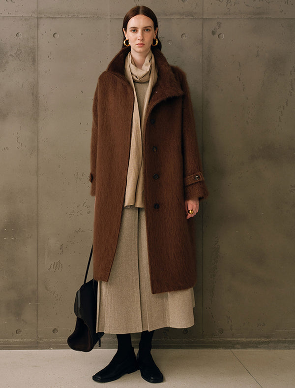 Wool-Cashmere Silk Blend Stand Collar Fuzzy Long Coat