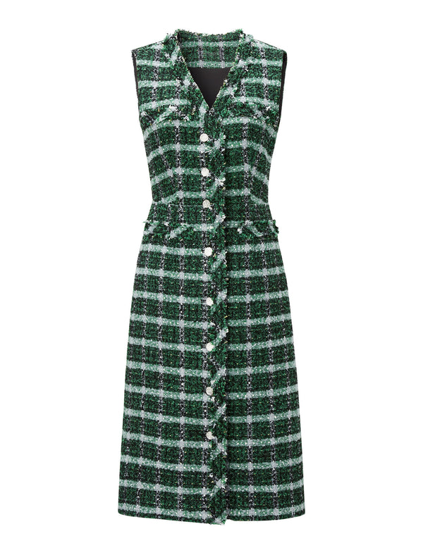 Green Plaid Tweed Sleeveless Midi Dress