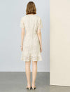 Cream Floral Embroidered Mesh Ruffle Hem Dress