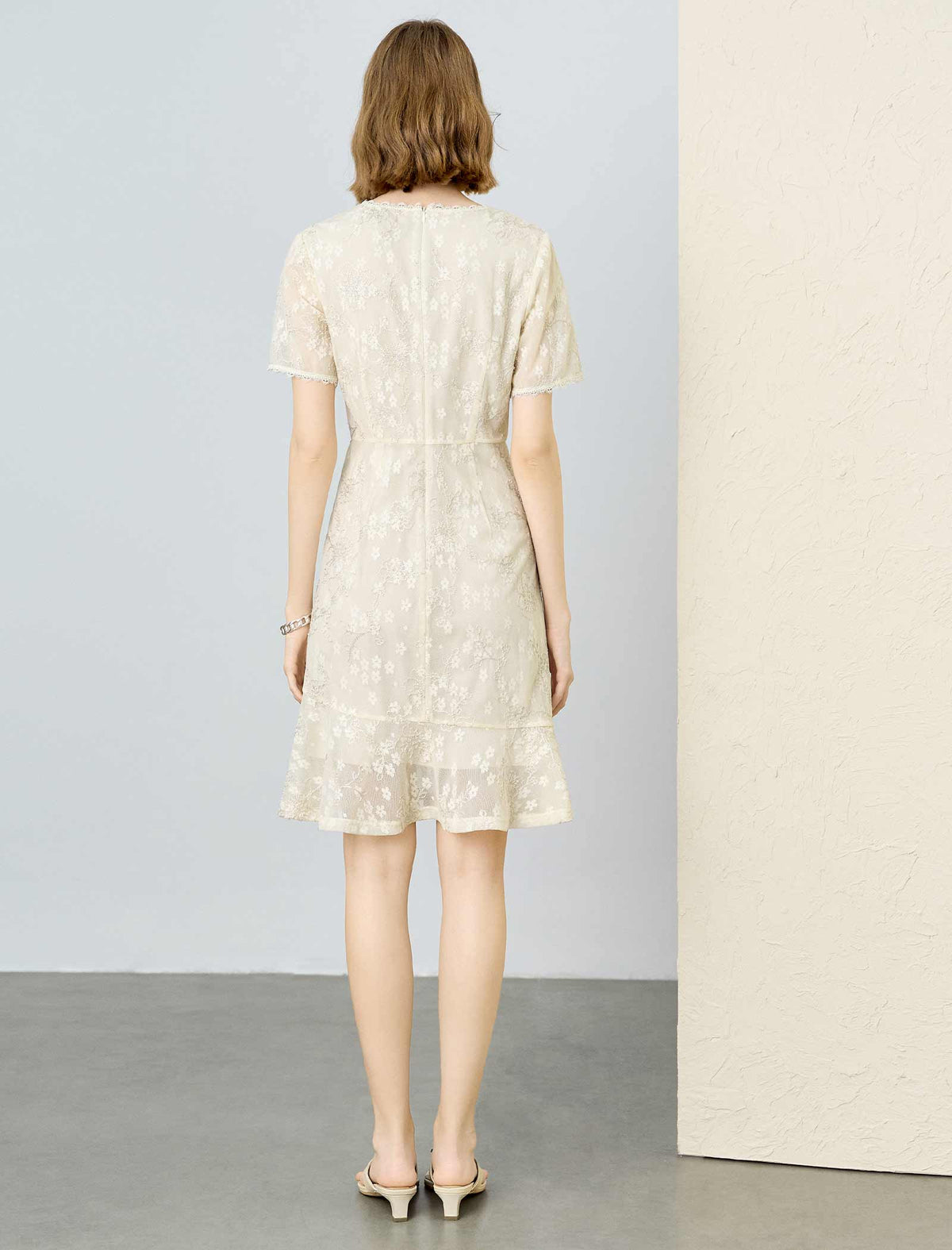 Cream Floral Embroidered Mesh Ruffle Hem Dress