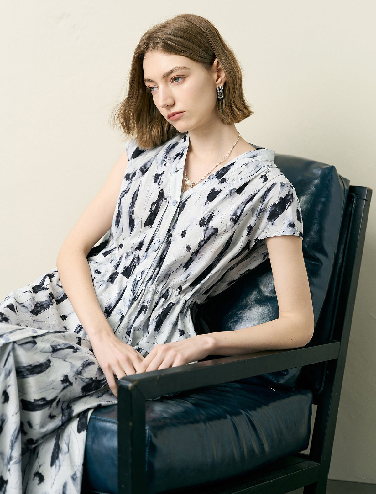 Abstract Print V-Neck Midi Dress