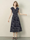 Floral V-Neck Cap Sleeve Belted Tencel Linen Midi Dress
