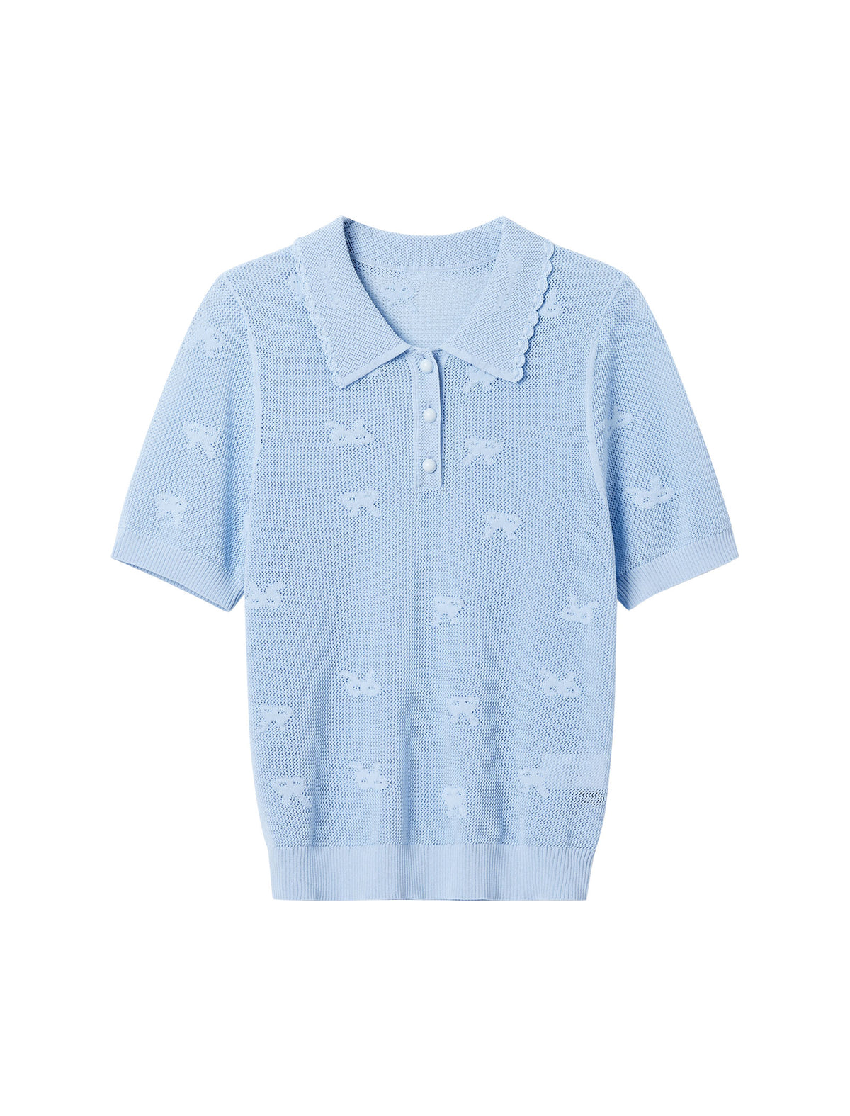 Puff Sleeve Polo Knit Top with Embroidery