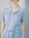 Light Blue Tencel Linen Blend Lace-Trimmed Shirt Midi Dress