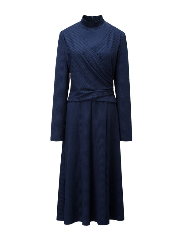 Navy Mock Neck Wrap Dress