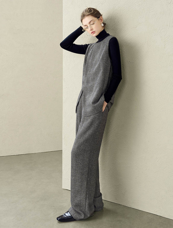 Herringbone Wool-Blend Wide-Leg Pants