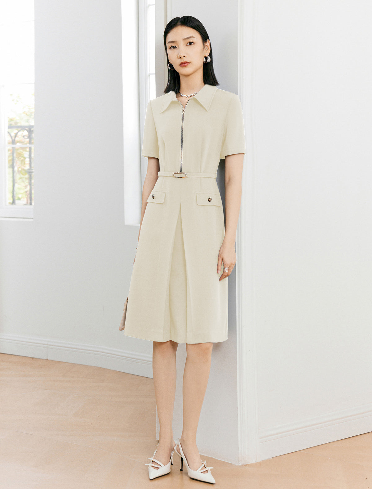 Vintage Collar Zipper Front Short Sleeve Knee Length Dress