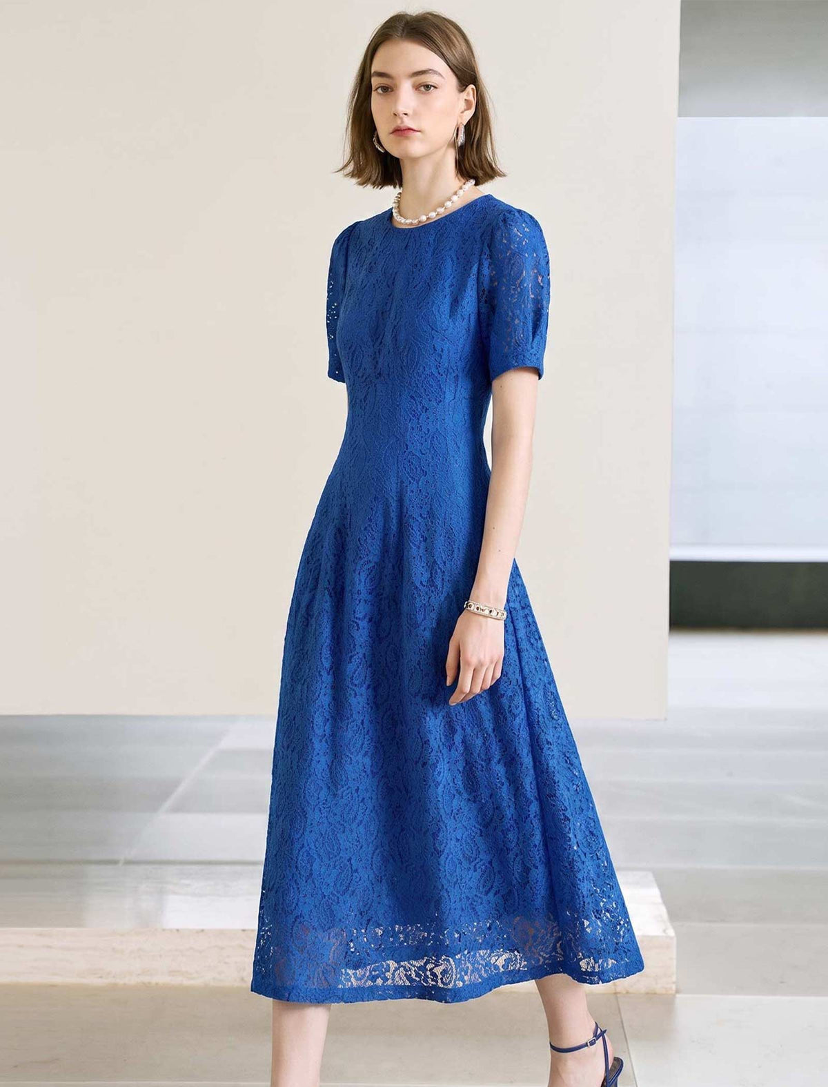 Light Blue Lace A-Line Midi Dress