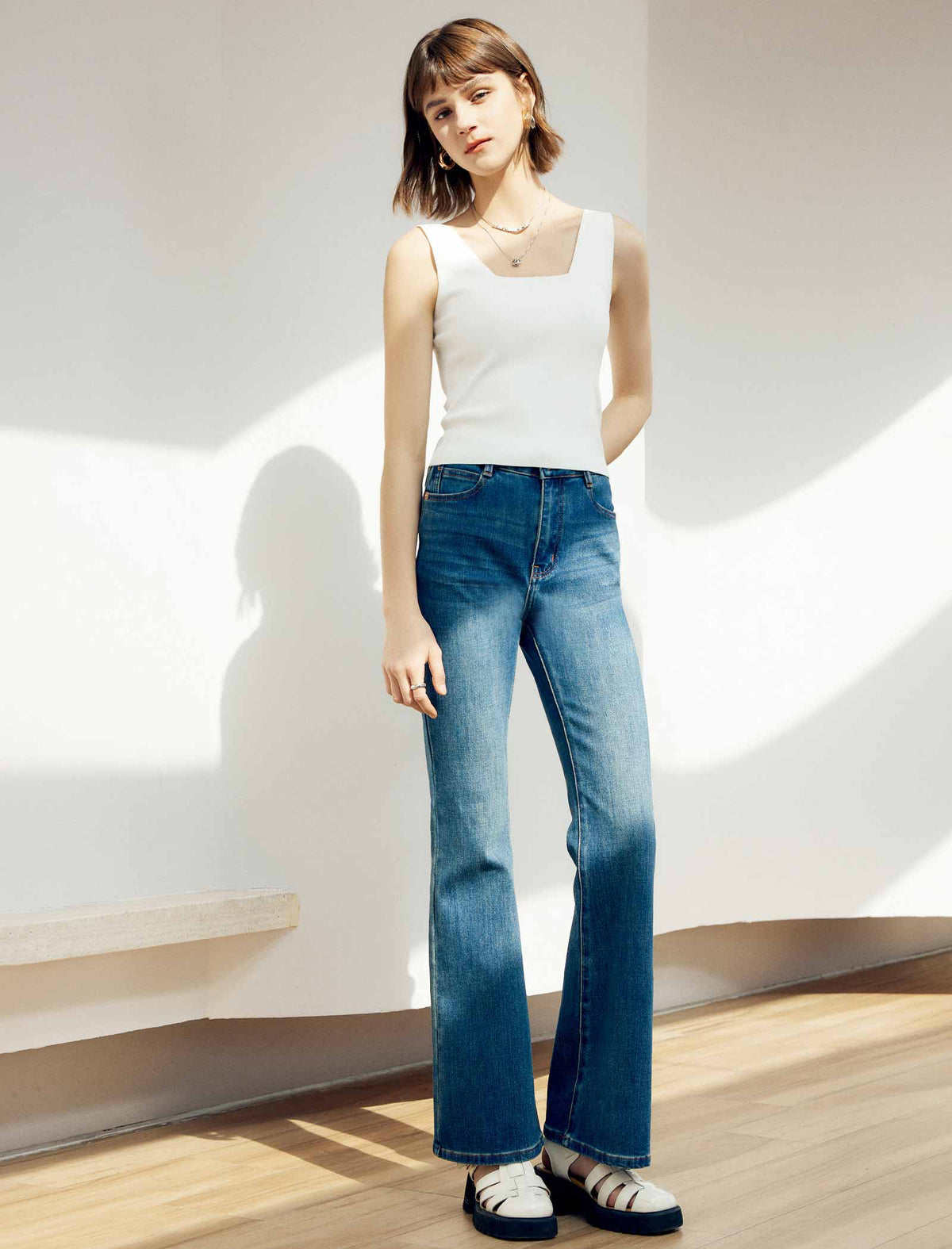 Solid Square Neck Wide Strap Knit Tank Top