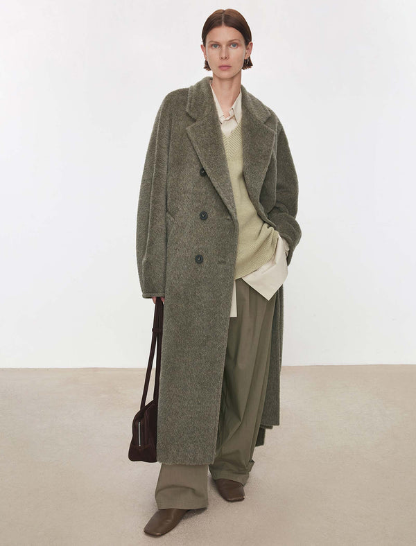 100% Alpaca Double-Breasted Wool Long Coat