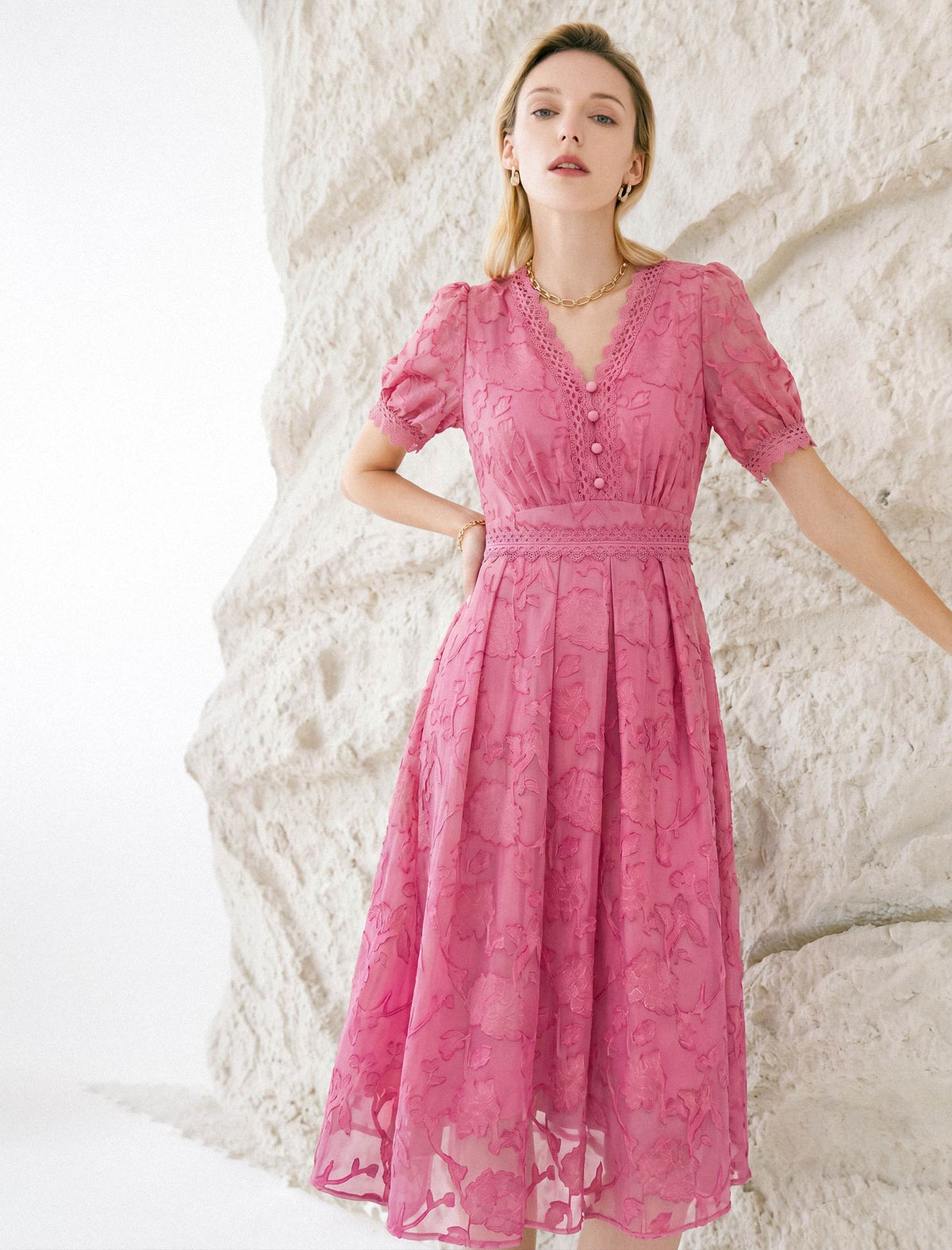 V-Neck Waist-Cinched Short Sleeve Dress