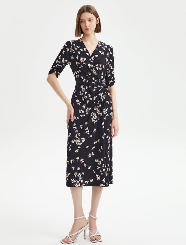 Floral Print Wrap Side Slit Midi Dress