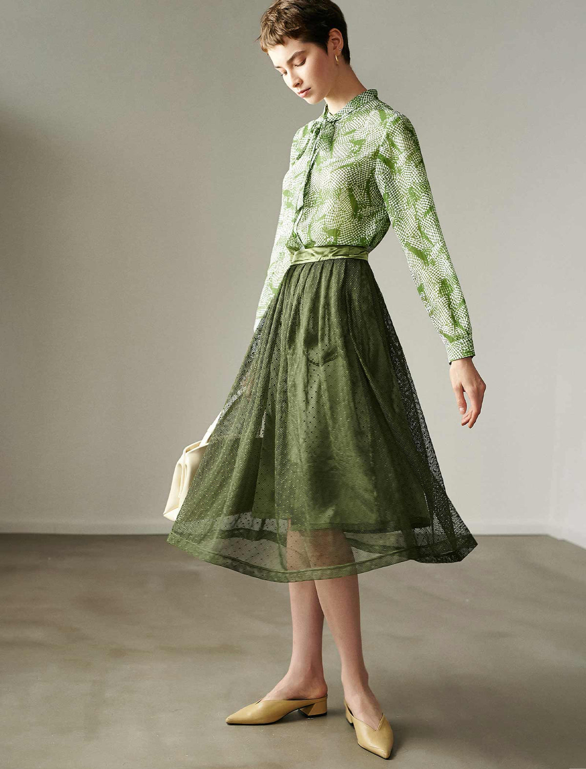 Olive Green Mesh Midi Skirt