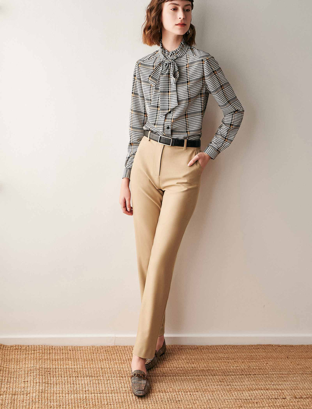 Plaid Tie Neck Blouse