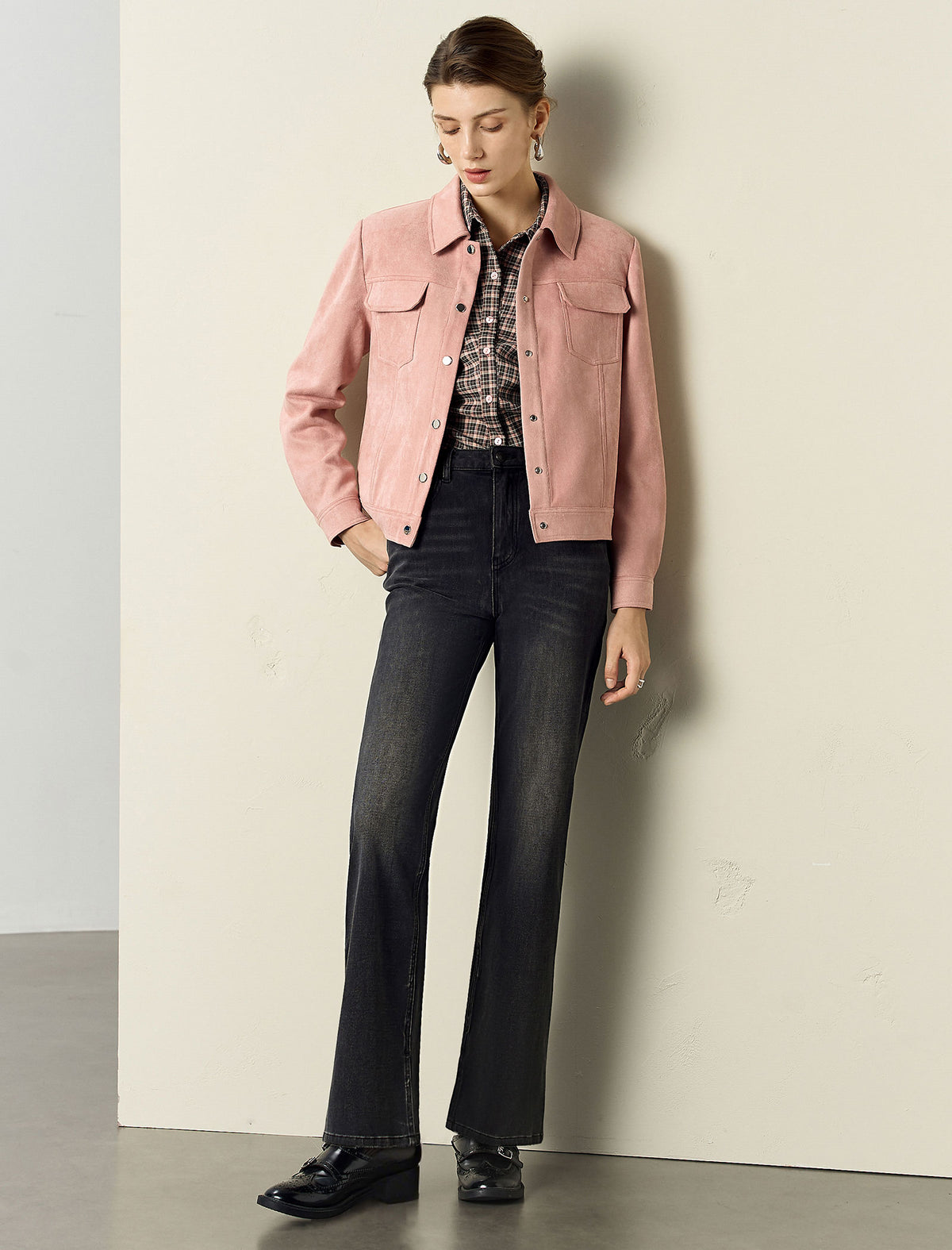 Suede-Feel Shirt Collar Button Jacket