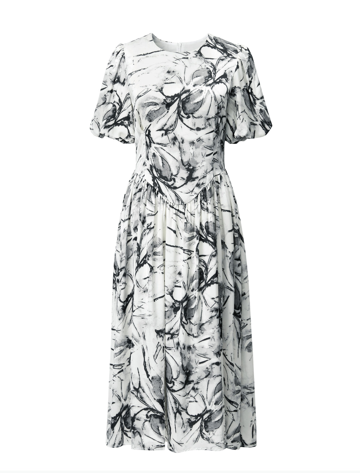 Watercolor Floral Puff Sleeve Midi Dress