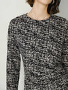 Ink-Print Round Neck Waist-Defining Long-Sleeve Blouse