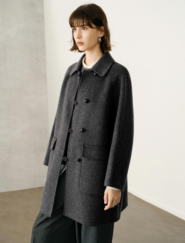100% Wool Gray Double-Faced Lapel Mid-Length Coat