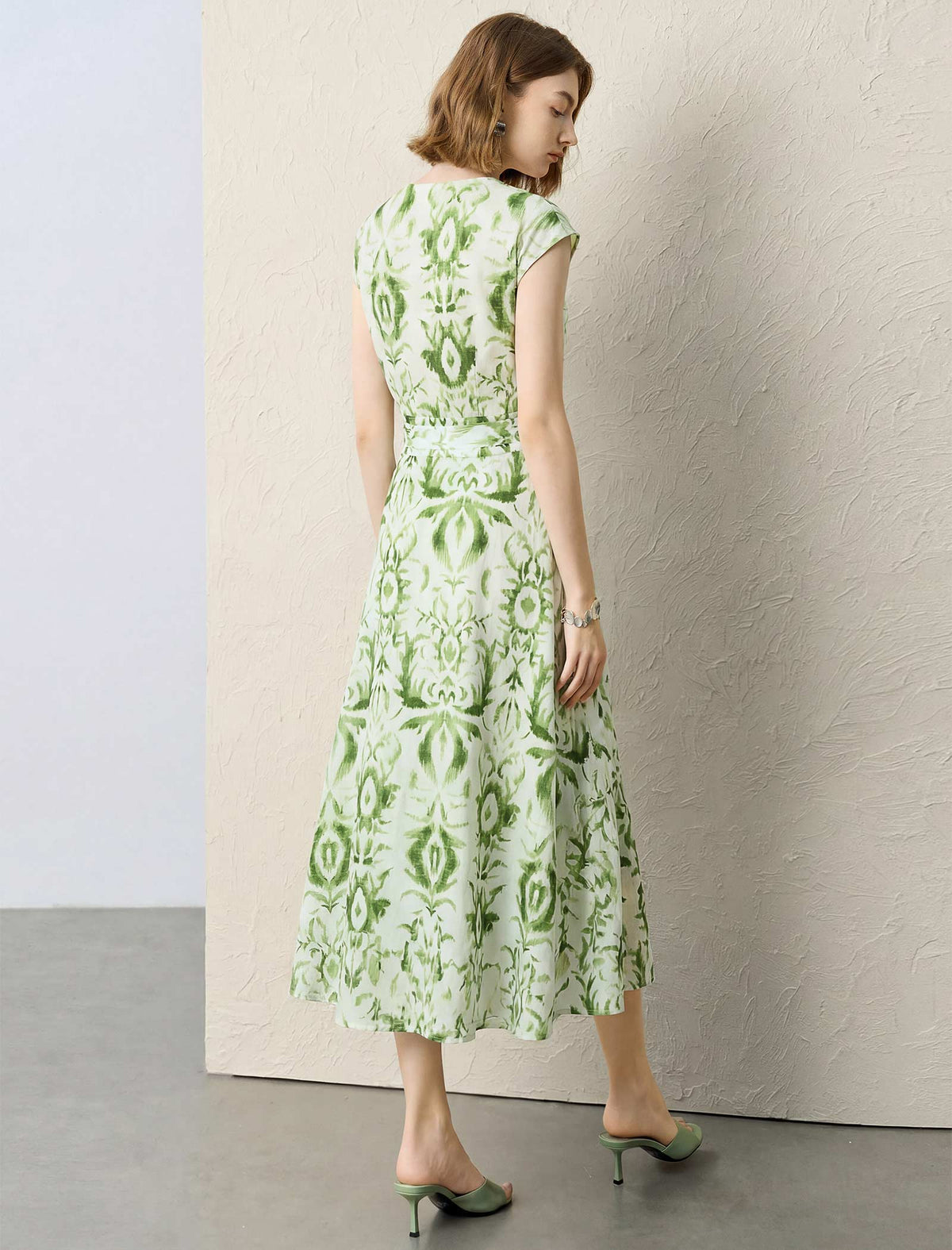 Green Ikat Print Sleeveless Midi Dress