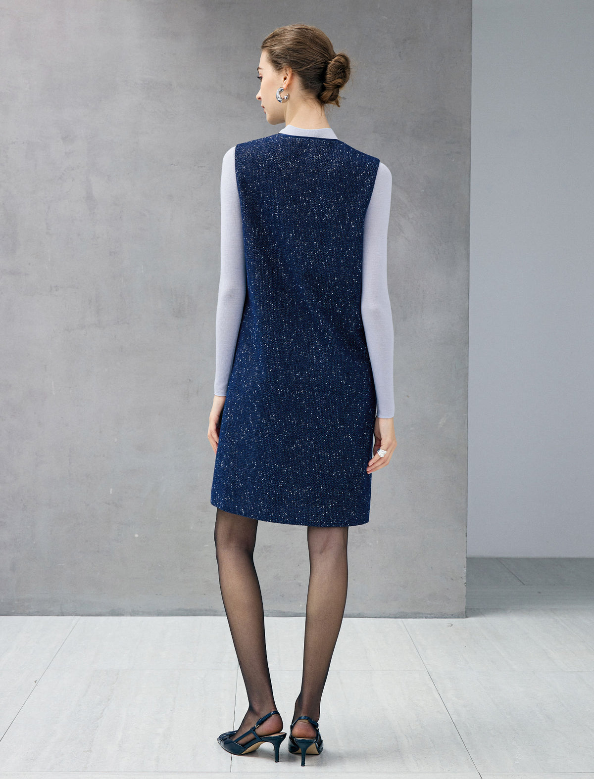 Wool Blend Beaded V-Neck Sleeveless Shift Dress