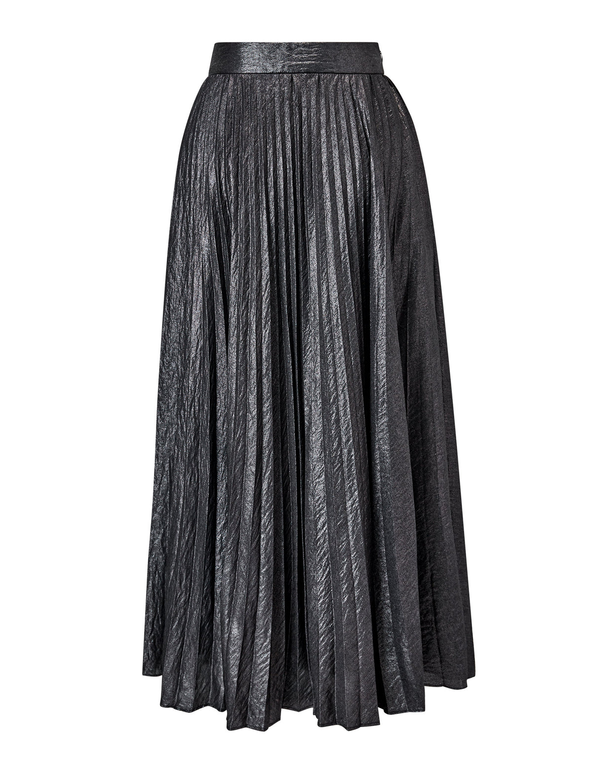 Black Metallic Pleated Midi Skirt