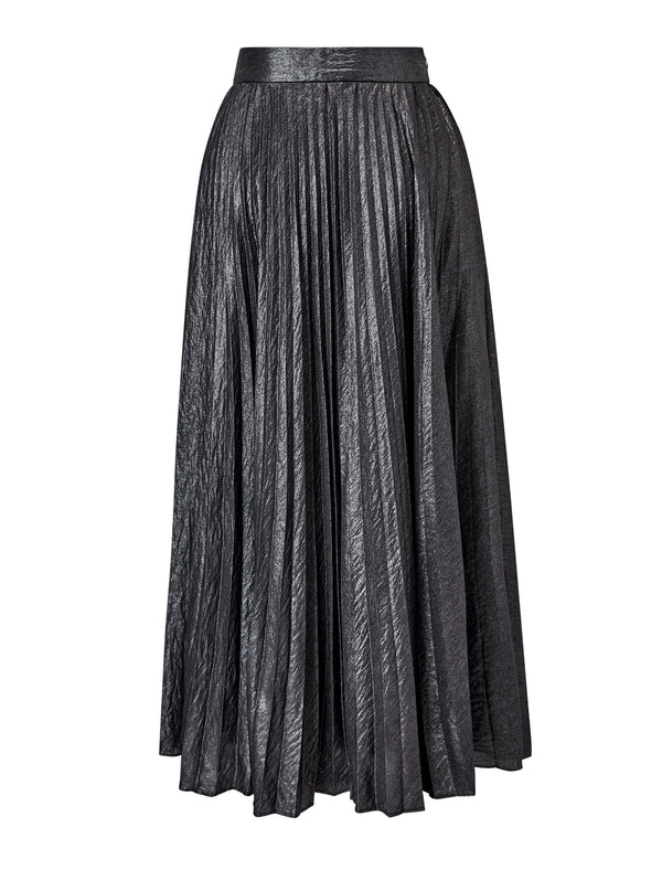 Black Metallic Pleated Midi Skirt