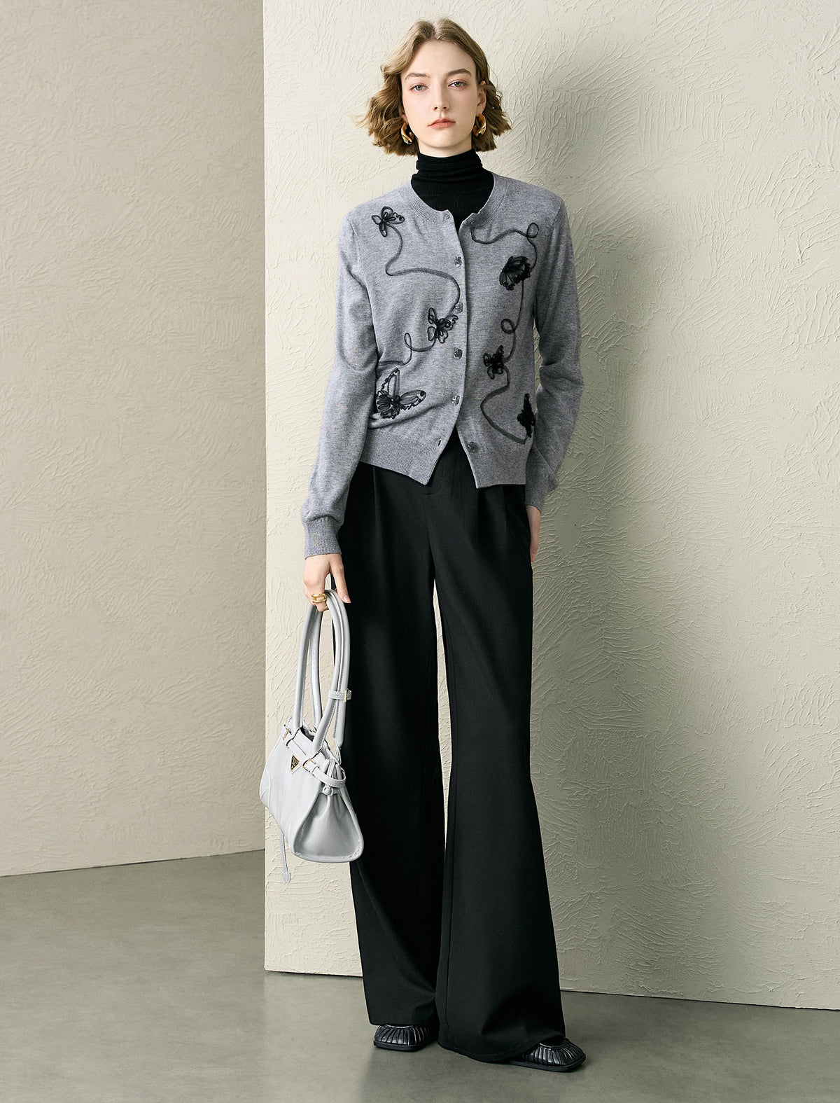 Gray Embroidered Loose Knit Cardigan