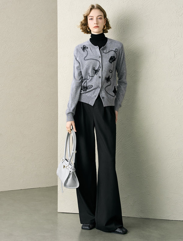 Gray Embroidered Loose Knit Cardigan