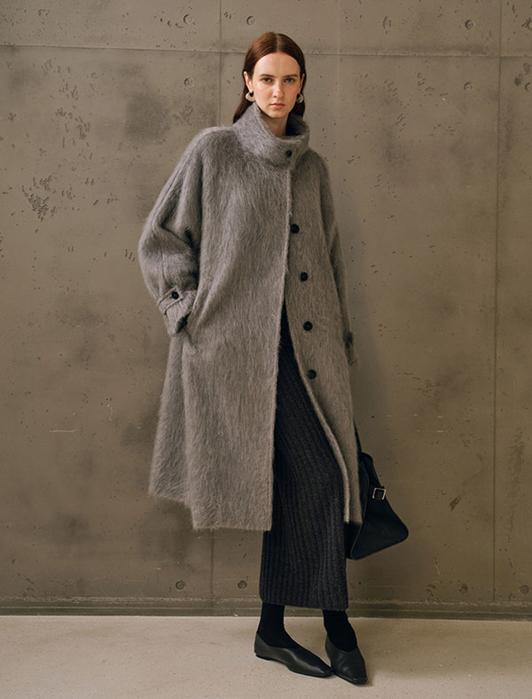 Wool-Cashmere Silk Blend Stand Collar Fuzzy Long Coat