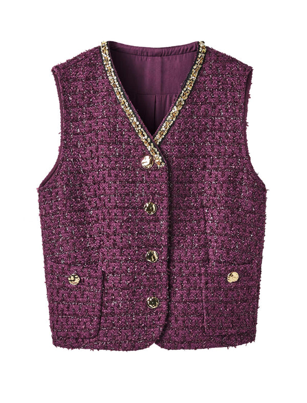 Red Tweed Vintage V-Neck Vest Coat