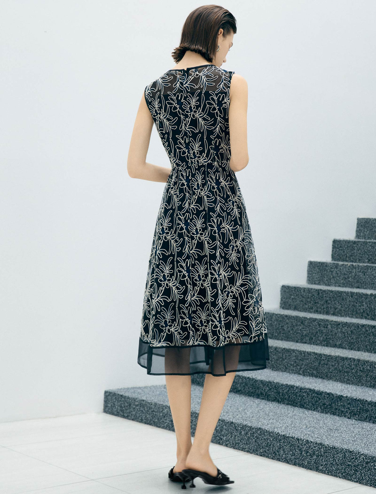 Sleeveless Floral Embroidered Mesh Midi Dress