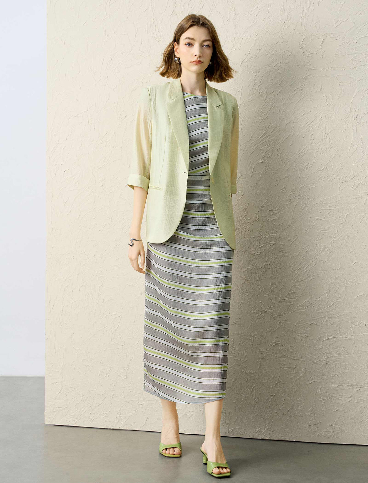 Tencel Linen Stripe Cap Sleeve Midi Dress