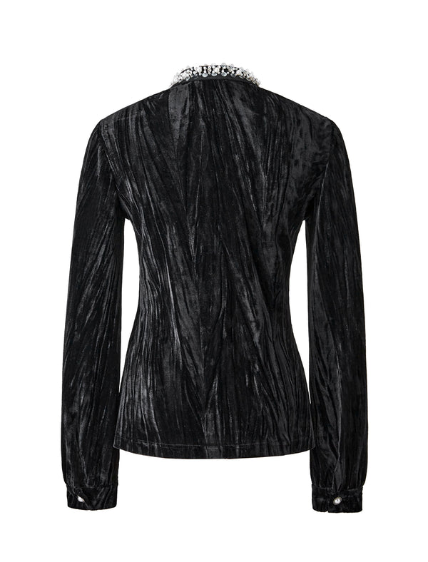 Black Velvet Embellished Button-Up Top