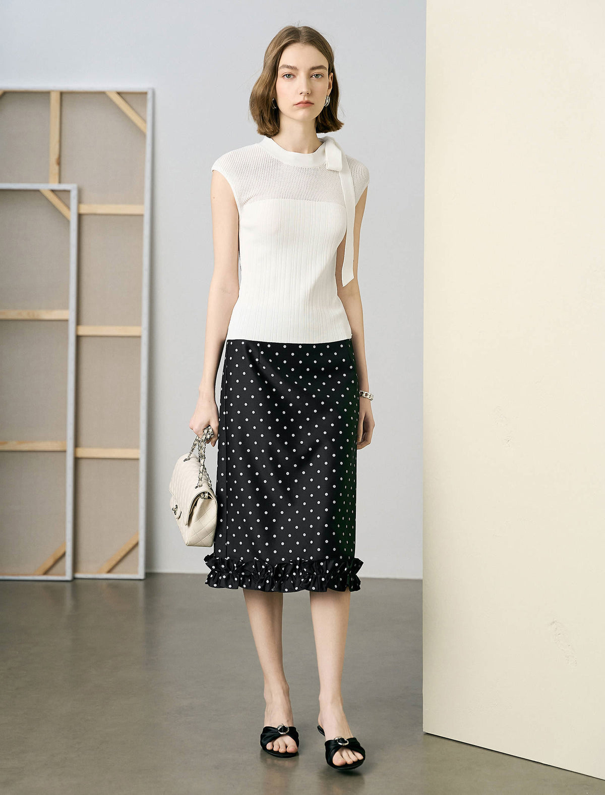 Polka Dot Ruffle Hem Midi Skirt