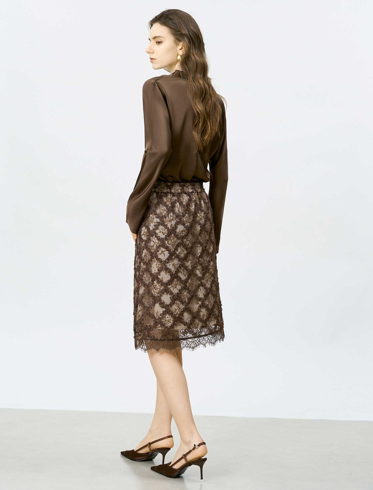 Brown Lace Embroidered Midi Skirt