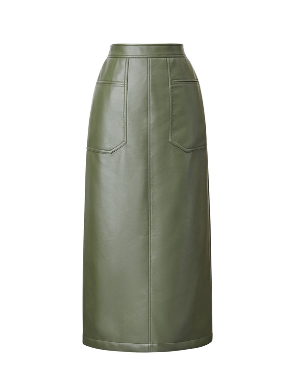 Olive Green Faux Leather Midi Skirt