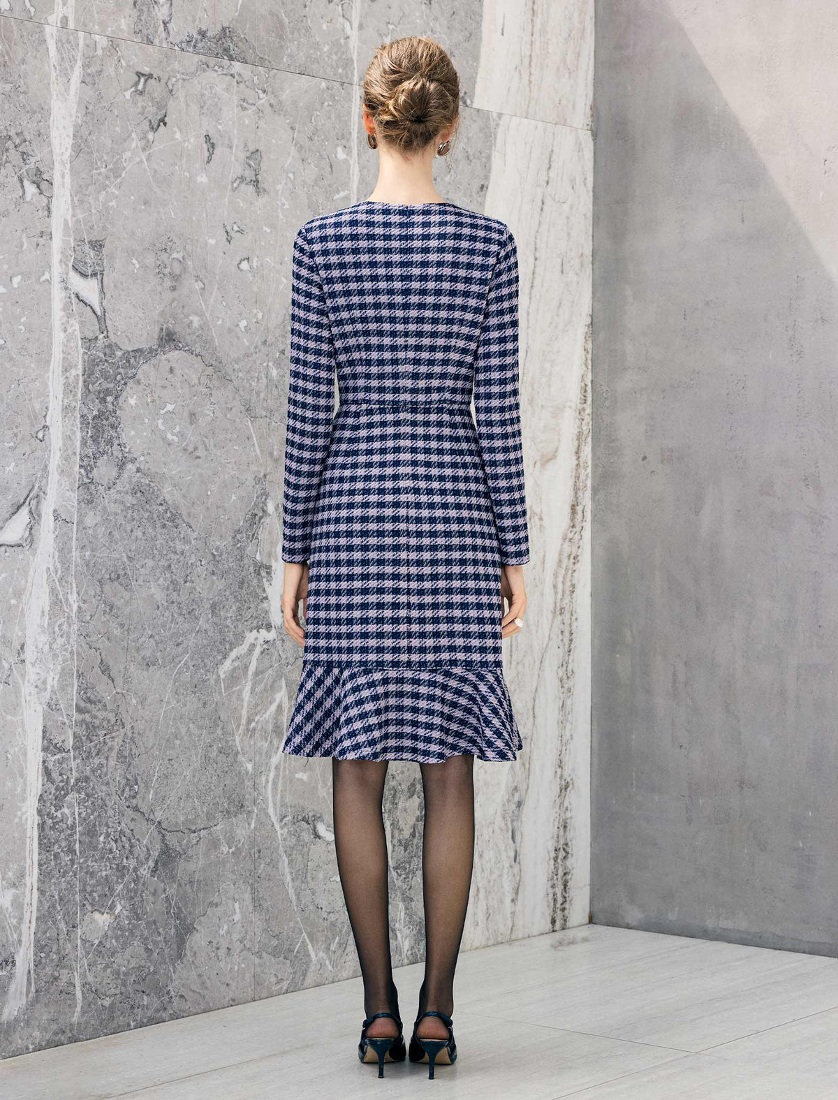 Geometric Plaid Beaded Bow Mermaid Midi Dress